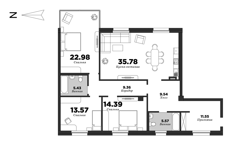 NEVA HAUS, Корпус 1, 3 спальни, 128.17 м² | планировка элитных квартир Санкт-Петербурга | М16